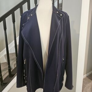 Chico’s Navy Blue White Piping Moto Zip-Front Jacket (Chico’s Size 3)
